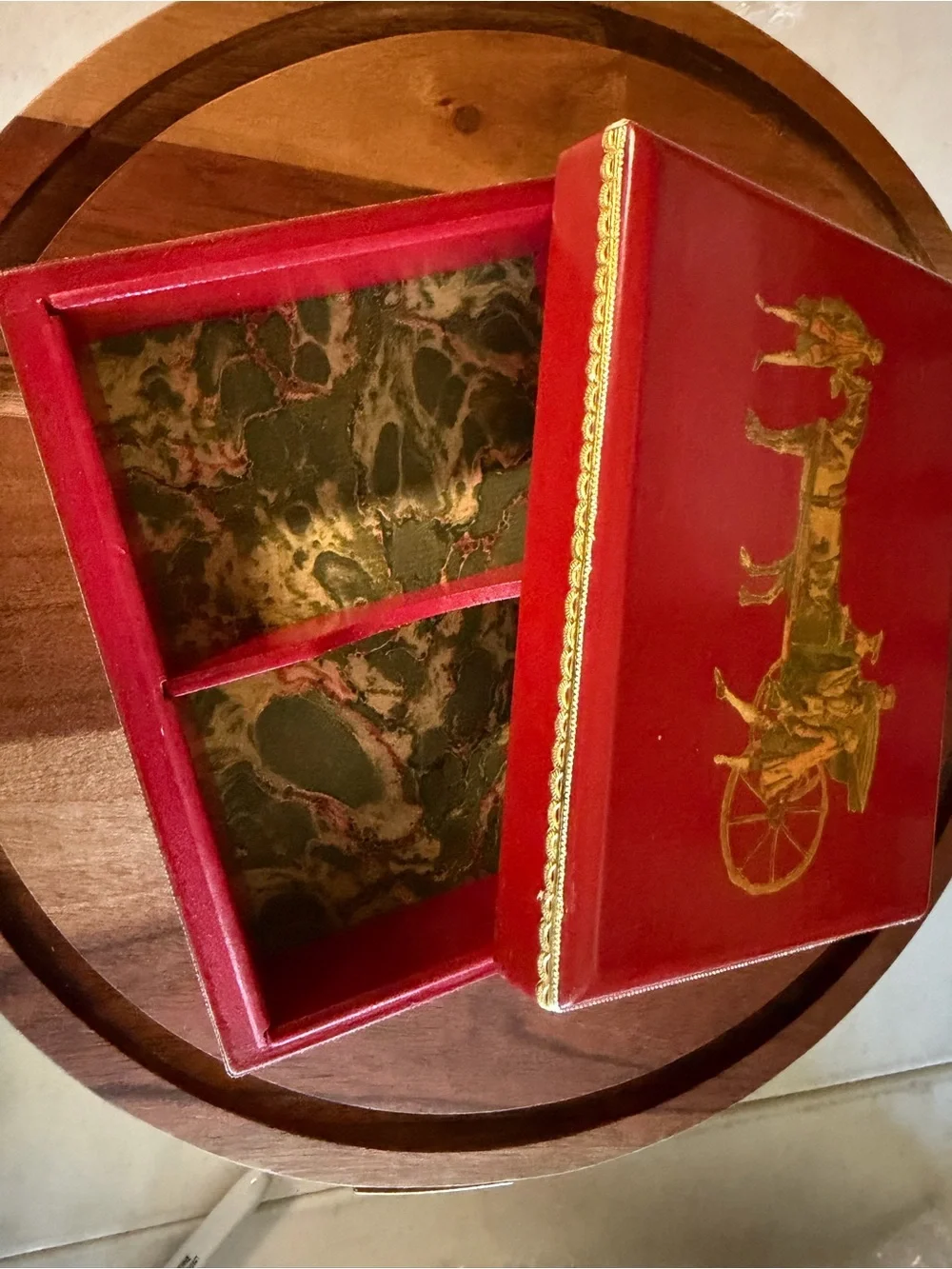 1971 Large Red Carriage Jewelry Box Signed Theda B. Vintage Divided Keepsake